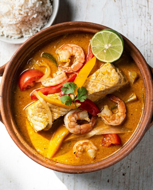 An overhead shot of a vibrant moqueca recipe featuring tender fish and shrimp in a creamy coconut broth, garnished with cilantro and lime.