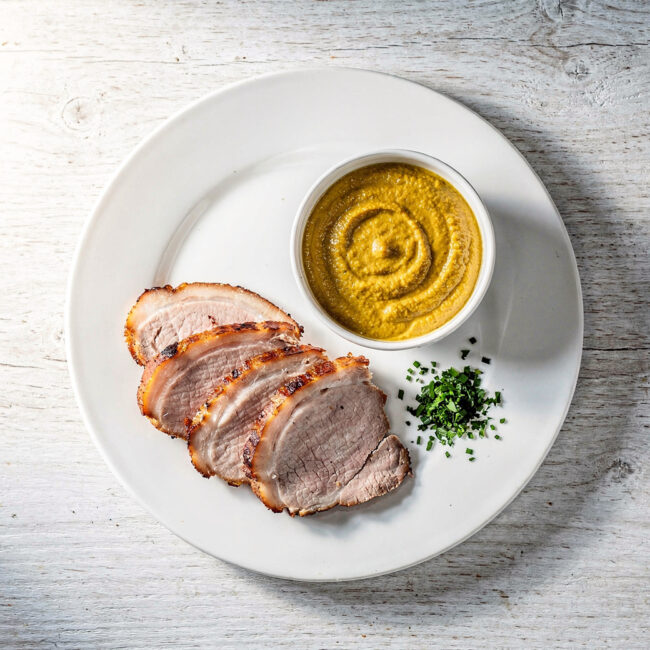A jar of homemade mustard sauce for pork resting on a rustic wooden table.