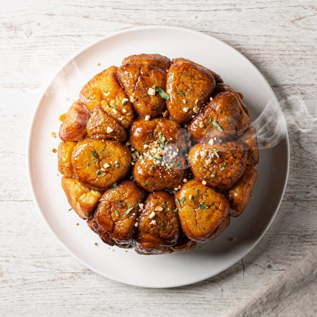 A golden, sticky, and perfectly baked pillsbury monkey bread rests on a rustic wooden table.