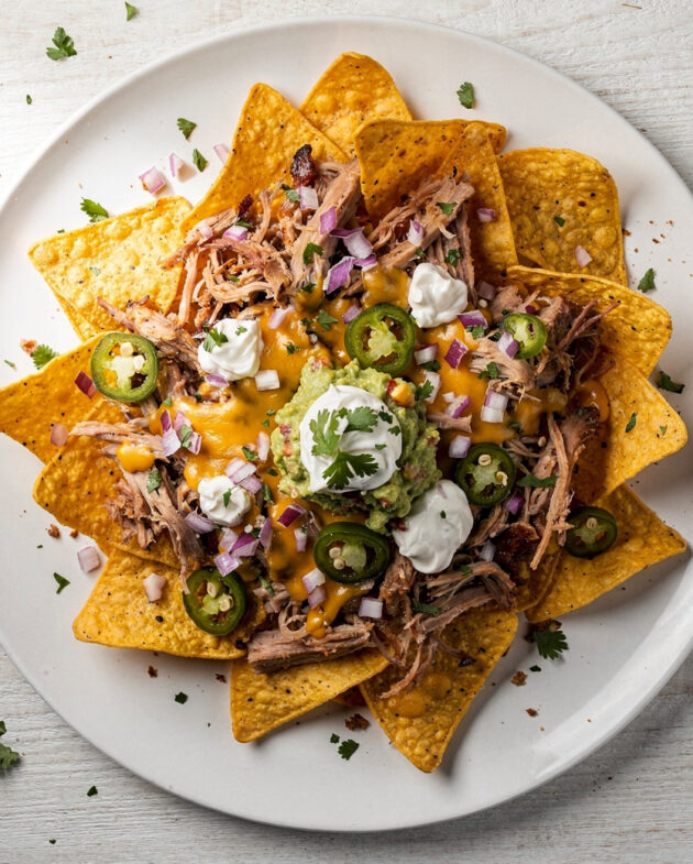A close-up, overhead shot of the ultimate pulled pork nachos recipe, featuring melty cheese, tender meat, and fresh garnishes.