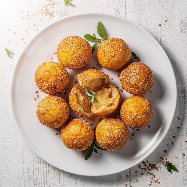 A rustic pile of golden-brown homemade sesame balls with a perfectly cracked, seed-covered exterior, ready to be devoured.