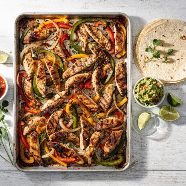 A vibrant sheet pan chicken fajita recipe with sizzling chicken and colorful peppers ready to serve.