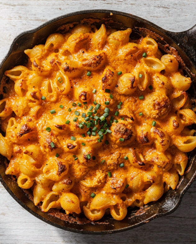 A golden, bubbling cast iron skillet holding the ultimate smoked mac and cheese recipe, ready to be served.