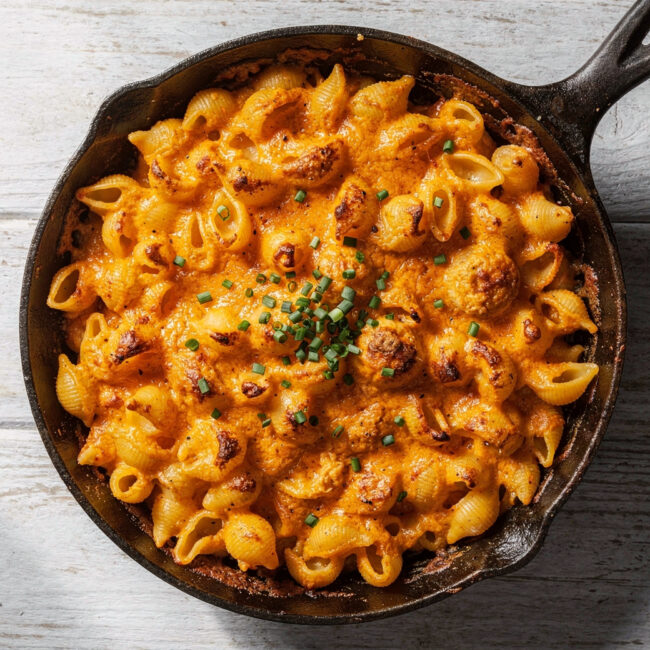 A golden, bubbling cast iron skillet holding the ultimate smoked mac and cheese recipe, ready to be served.