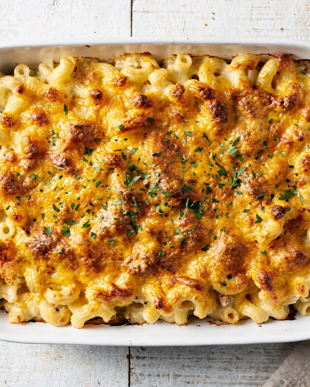 A close-up view of golden brown southern mac and cheese fresh from the oven, showcasing its creamy texture and crispy topping.