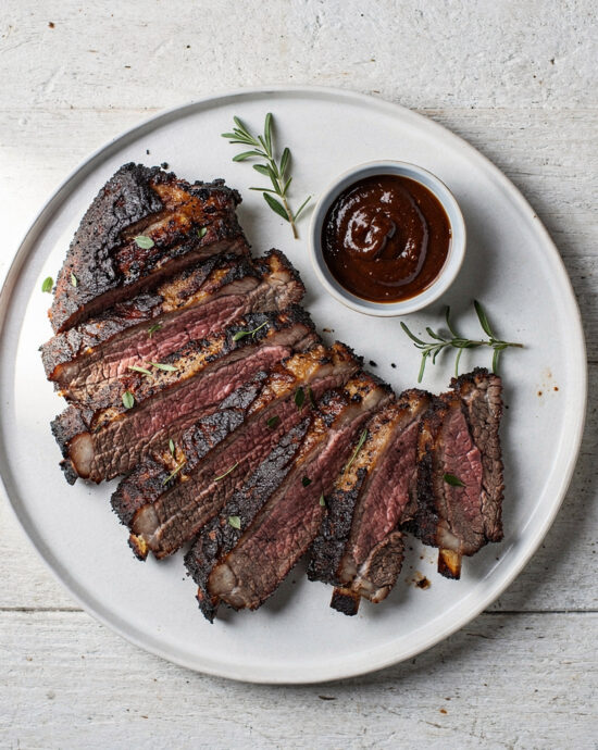 The finished, glistening rack from our traeger beef ribs recipe, ready to be pulled apart.