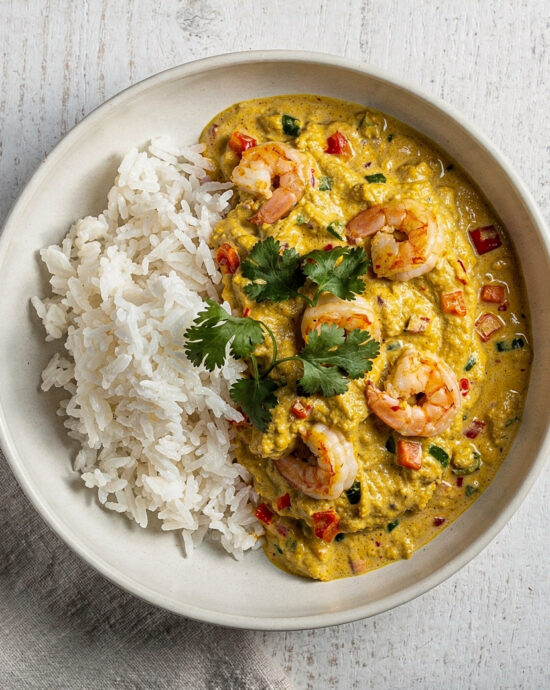 A beautifully presented vatapa recipe served in a bowl with rice and fresh herbs.