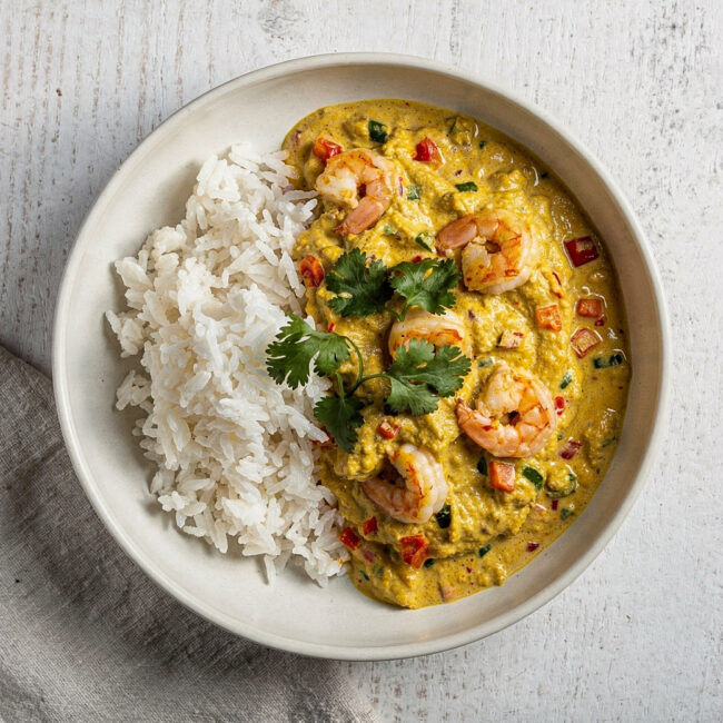 A beautifully presented vatapa recipe served in a bowl with rice and fresh herbs.