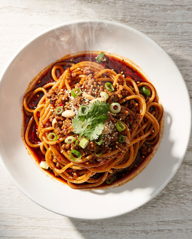 A vibrant bowl of dan dan noodles topped with ground pork, crushed peanuts, and green onions on a wooden table.