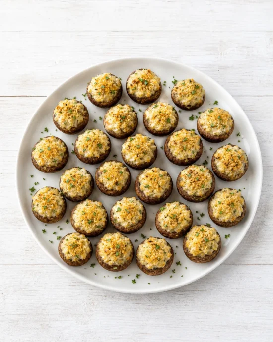 Cream cheese stuffed mushrooms with golden breadcrumb Parmesan topping