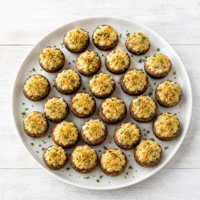 Cream cheese stuffed mushrooms with golden breadcrumb Parmesan topping