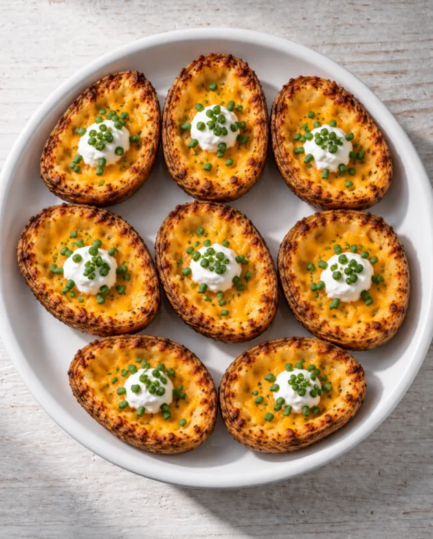 Eight crispy loaded potato skins with melted cheddar, sour cream, and chives on a white plate.
