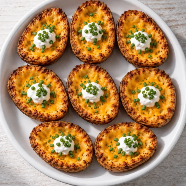 Eight crispy loaded potato skins with melted cheddar, sour cream, and chives on a white plate.