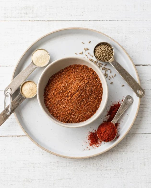 A small bowl of homemade taco seasoning with measuring spoons and spices nearby.