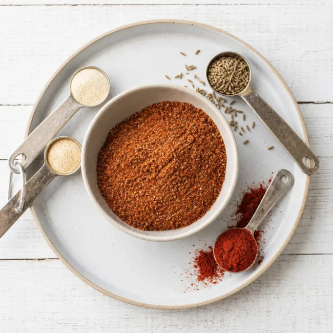 A small bowl of homemade taco seasoning with measuring spoons and spices nearby.